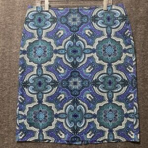 Talbots Skirt Womens 14 Blue Purple Floral Straight Pencil Office Career Preppy